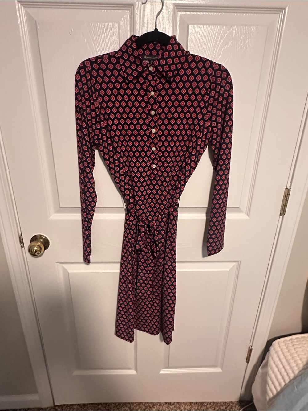 Brooks Brothers Long-Sleeve Pink Patterned Shirt Dress with Tie Waist
